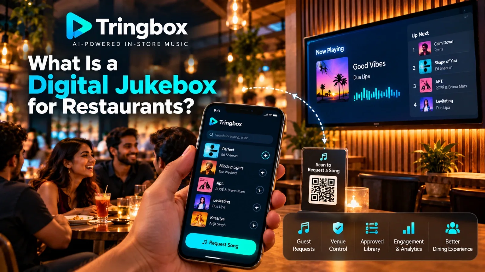 A conceptual studio shot of a sleek commercial audio node beside a smartphone displaying a glowing digital song request queue.