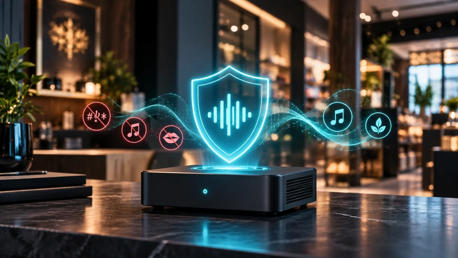 A conceptual photograph depicting brand safety with a glowing shield overlaying a digital audio node.
