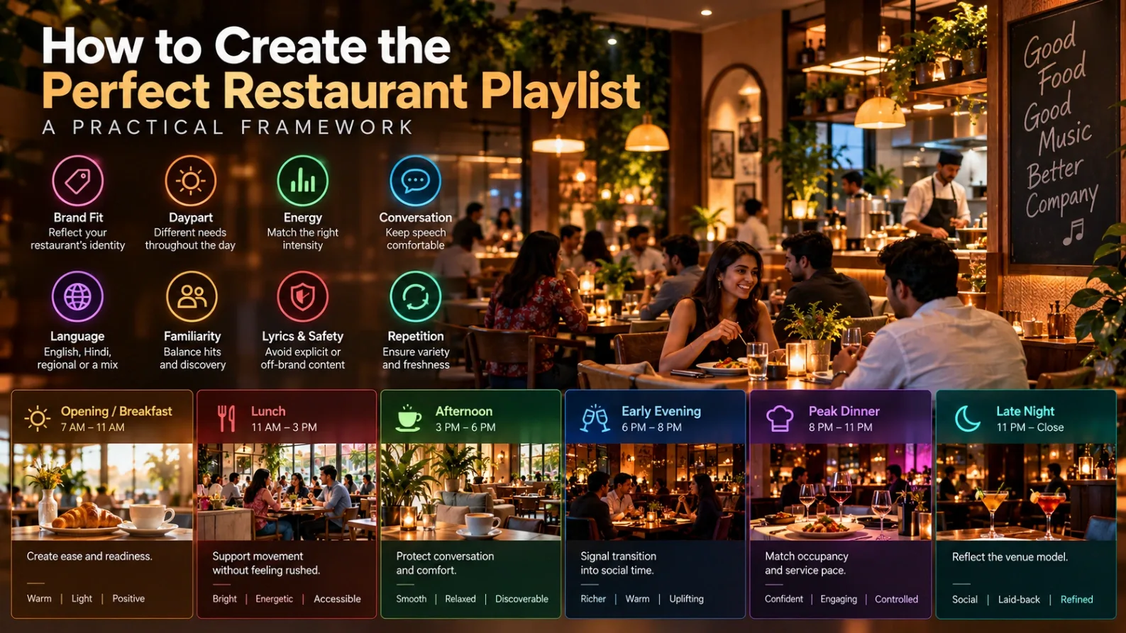 A conceptual photograph illustrating restaurant music strategy, showing a digital daypart timeline overlaying an upscale dining environment.