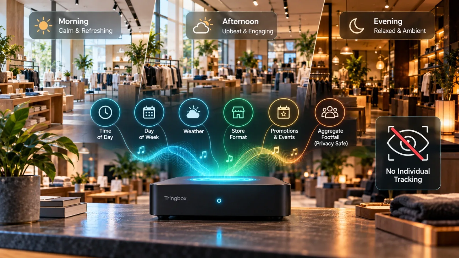 A conceptual photograph comparing individual facial recognition with abstract, privacy-friendly contextual data signals for in-store music.