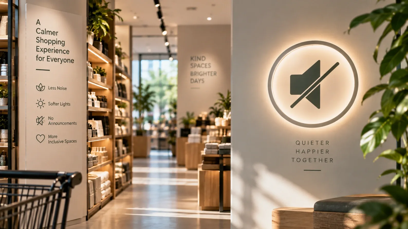 A conceptual photograph depicting a quiet hour in a retail store with a commercial audio node projecting a calm, flattened soundwave.