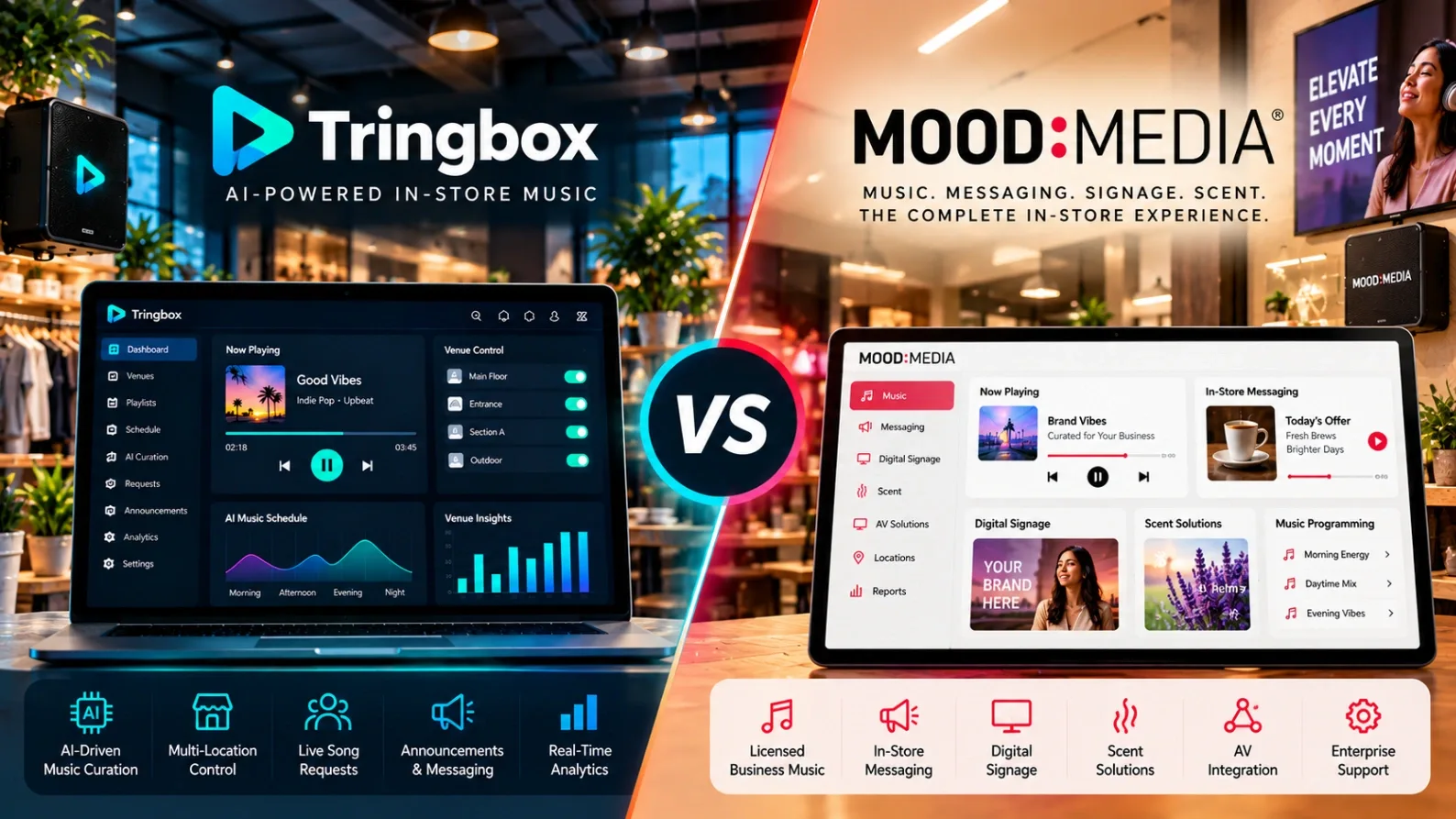 A conceptual photograph contrasting a massive multi-screen media dashboard with a focused, glowing AI audio node.