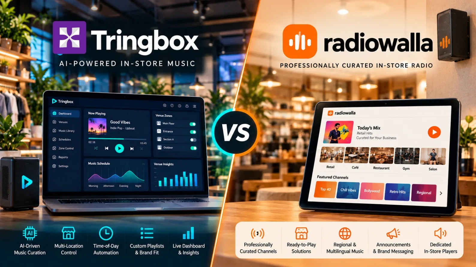 A split-screen macro photograph comparing a traditional radio broadcasting dial with a modern AI edge-computing audio node.