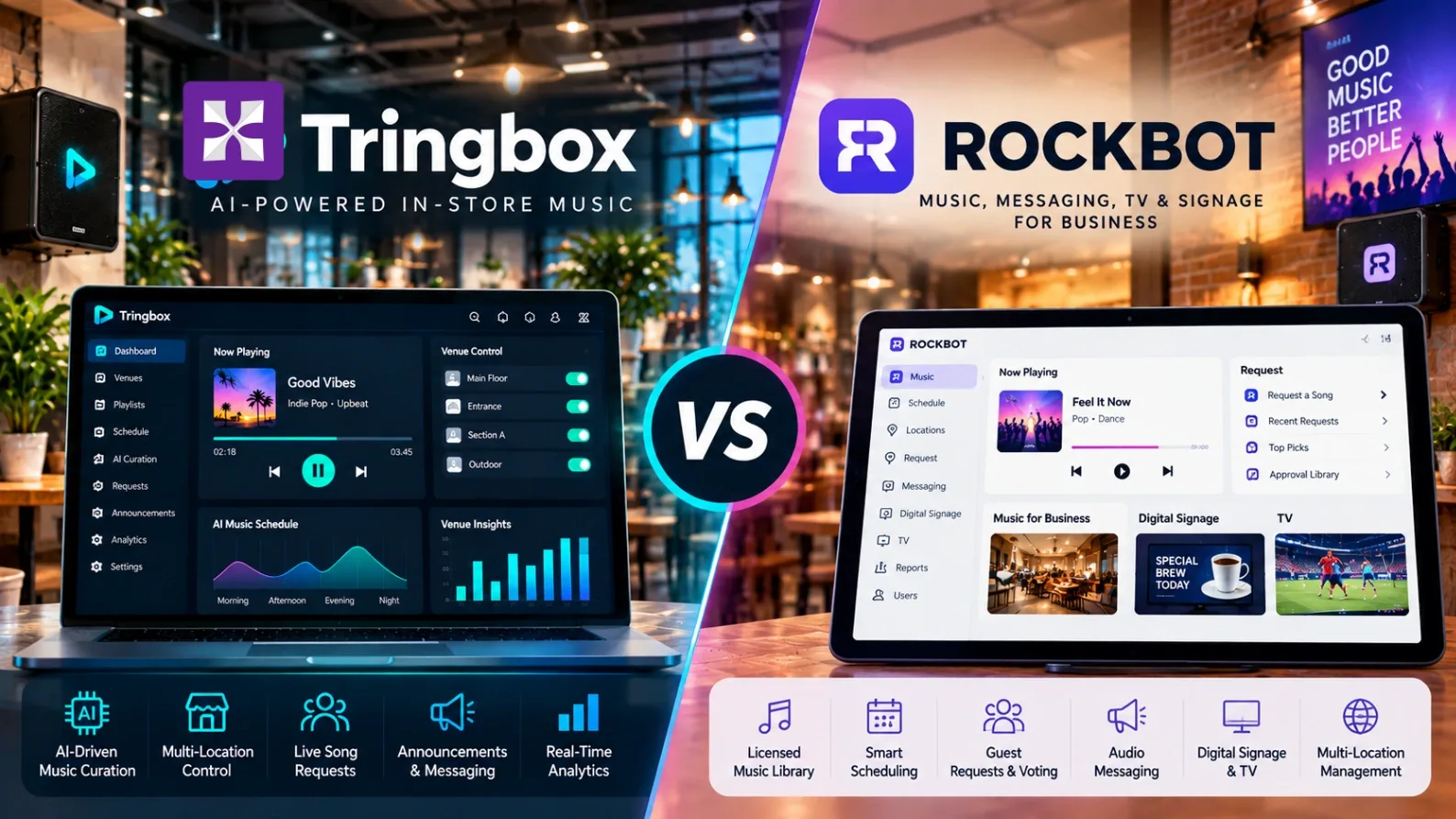 A conceptual studio shot comparing two commercial audio nodes, one projecting a structured playlist schedule and the other a QR-code interactive display.