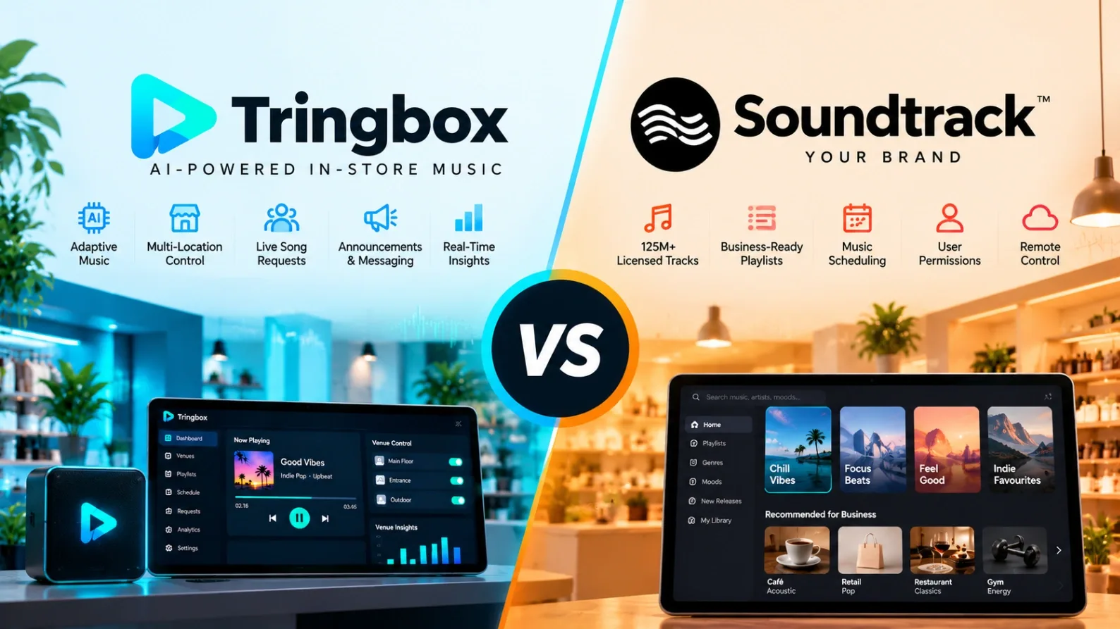 A conceptual photograph comparing a familiar music streaming interface overlaid on a tablet with an AI edge-computing audio node.