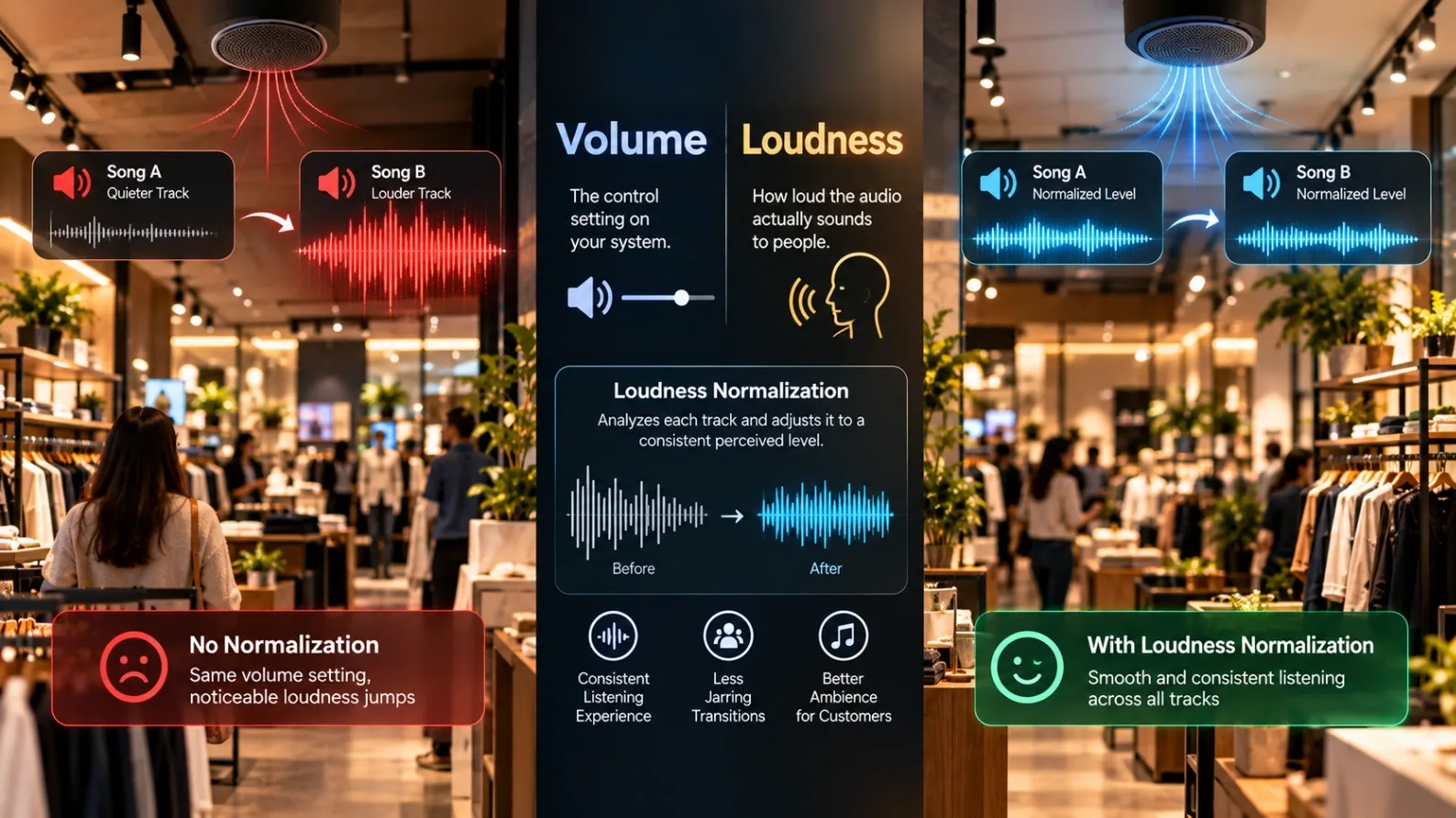A conceptual photograph illustrating audio normalization, showing jagged volume peaks flattening into a smooth, consistent soundwave.