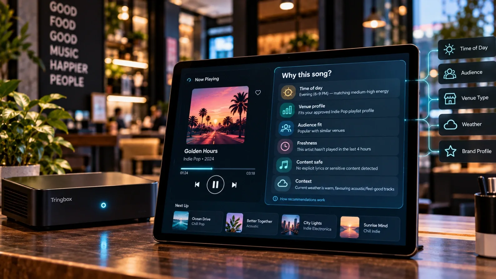 A conceptual photograph illustrating Explainable AI with a digital dashboard showing music recommendation reason codes over a commercial audio node.